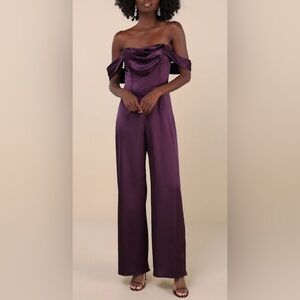 NWT Lulus Unbelievable Aura Dark Purple Satin Off-the-Shoulder Jumpsuit